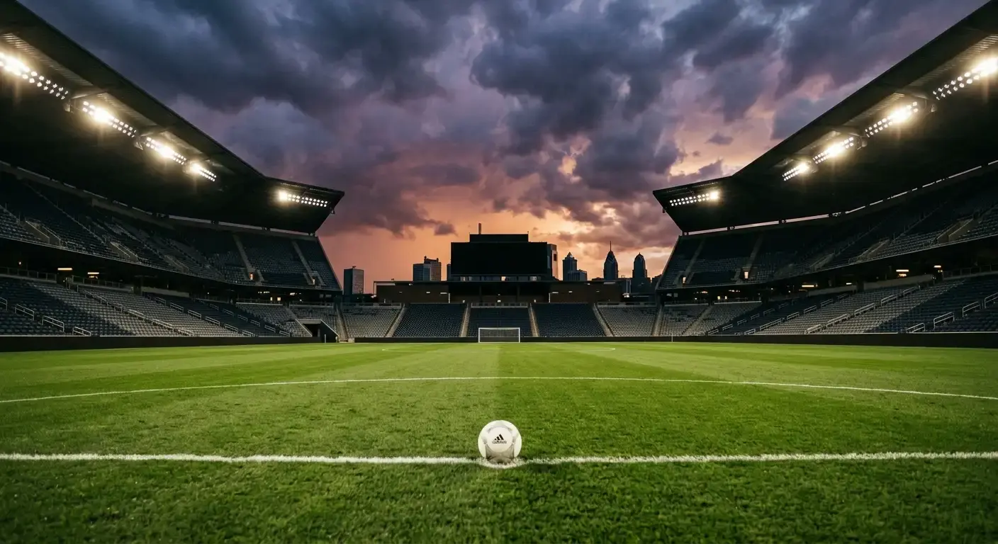 Fotbalový míč pod světly stadionu na trávníku před osmifinále MS 2026
