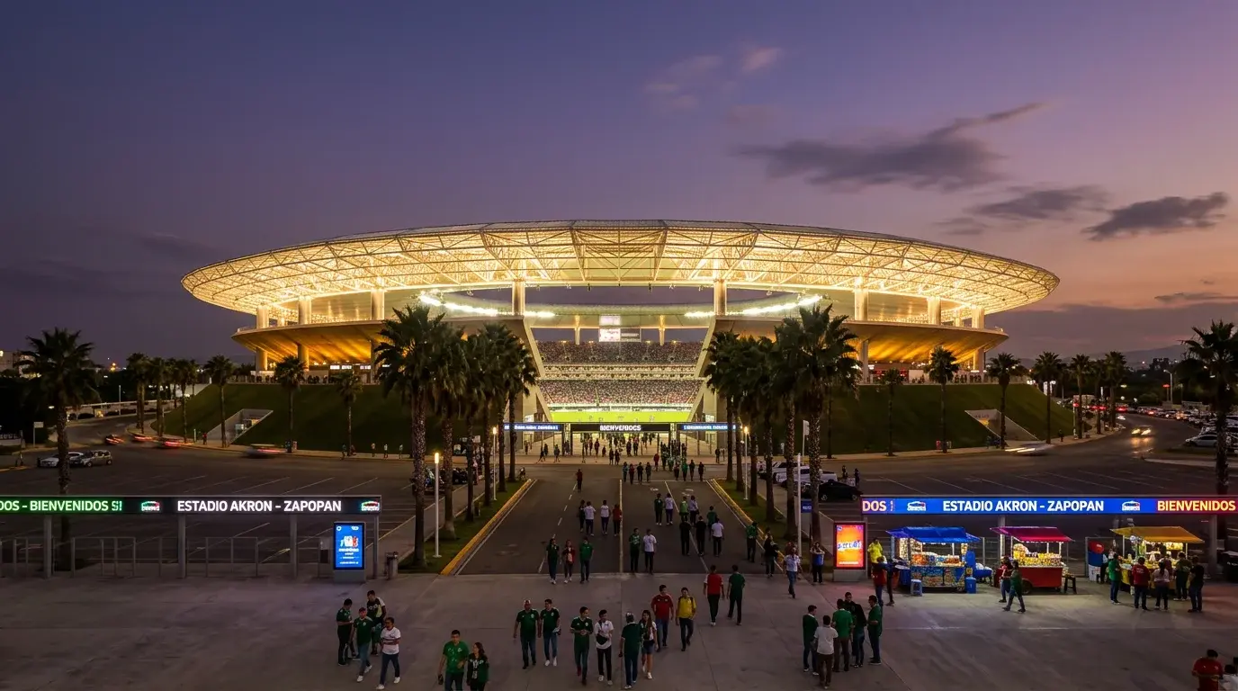 Estadio Akron v mexickém Zapopanu osvětlený při večerním zápase mistrovství světa