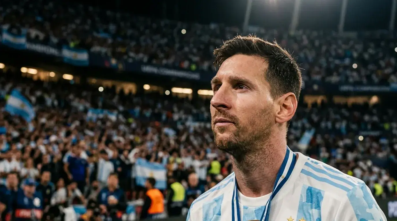 Lionel Messi v dresu Argentiny, portrét se skloněnou hlavou po zápase, večerní světla
