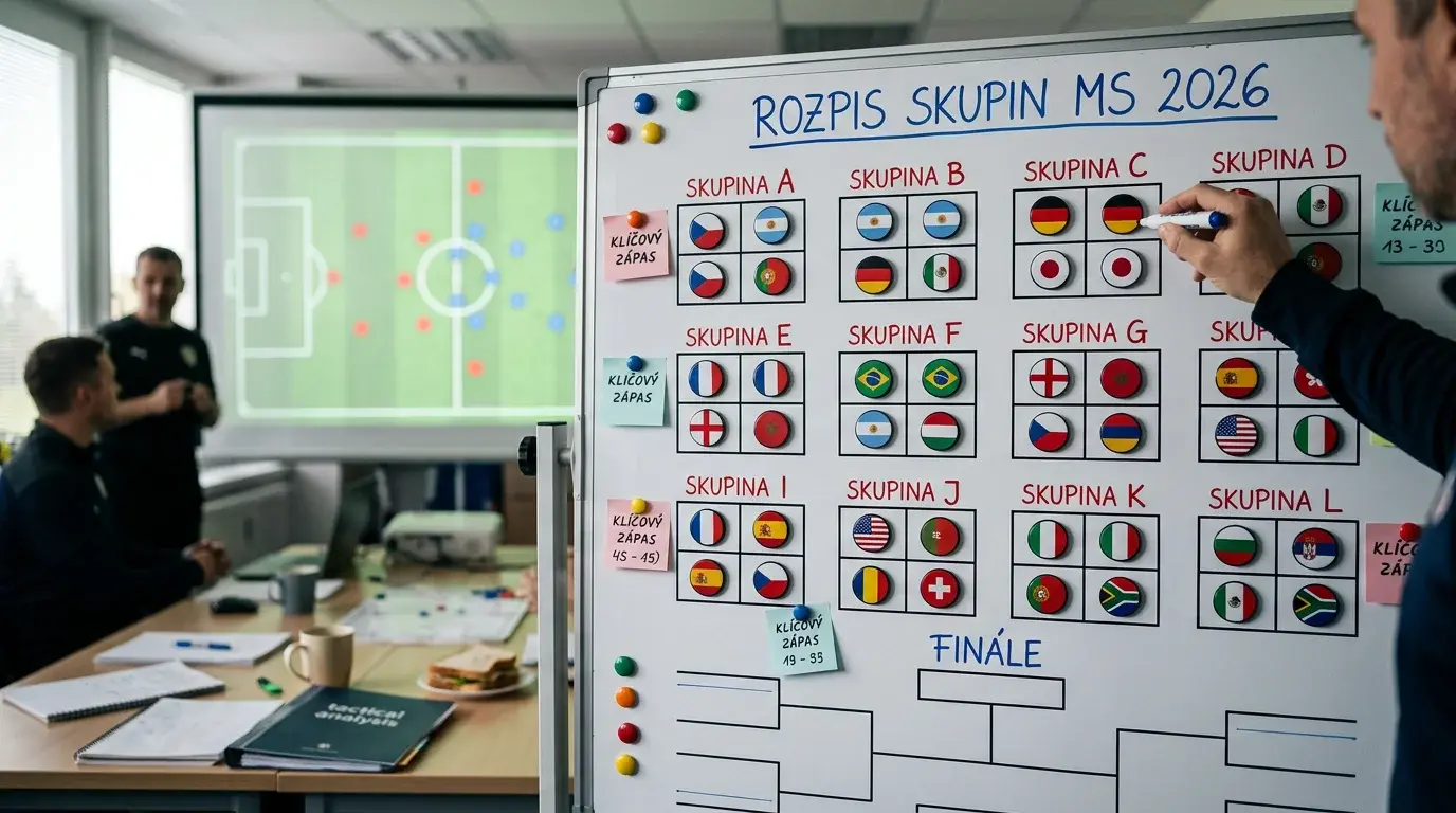 Přehledová nástěnka s rozpisy skupin a vlajkami týmů mistrovství světa 2026