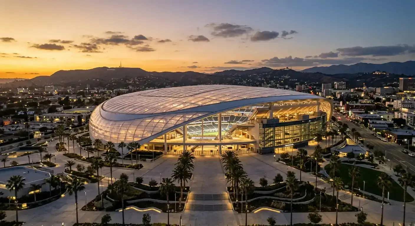 Moderní zastřešený fotbalový stadion v Kalifornii před večerním čtvrtfinále MS 2026