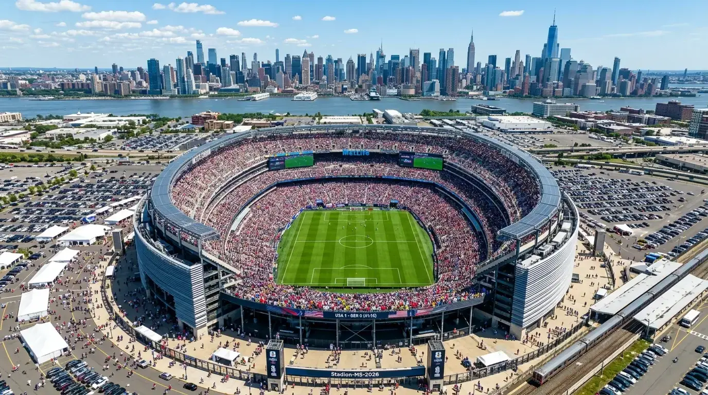 Moderní fotbalový stadion plný diváků během zápasu mistrovství světa 2026