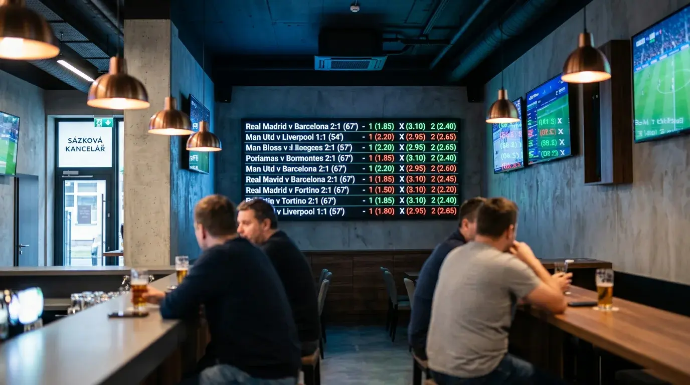 Digitální tabule s fotbalovými kurzy v české sázkové kanceláři před mistrovstvím světa