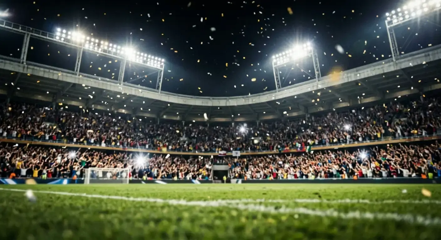 Fotbalový stadion během čtvrtfinálového večera MS 2026, hráči slaví postup do semifinále