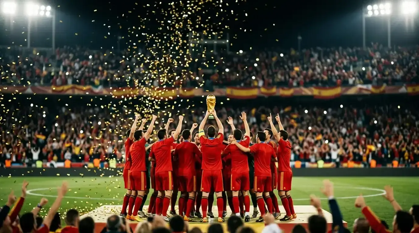 Španělští fotbalisté s pohárem mistrů světa, zlaté konfety na hřišti MetLife