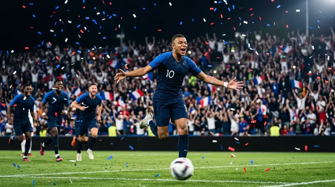 Mbappé v dresu Francie během zápasu, dynamický portrét s turnajovým míčem